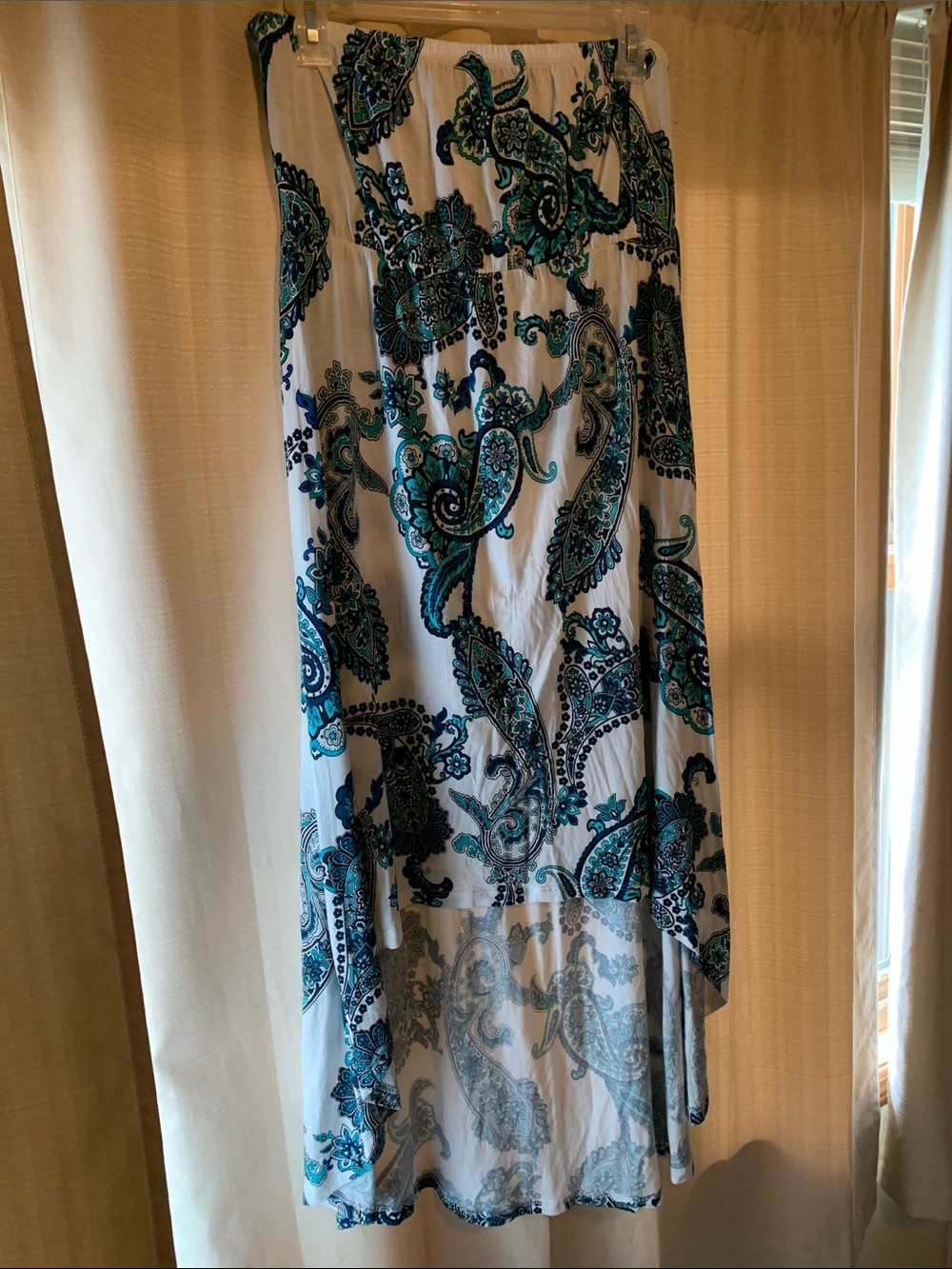 White Maxi Strapless Dress with Teal Paisley Print